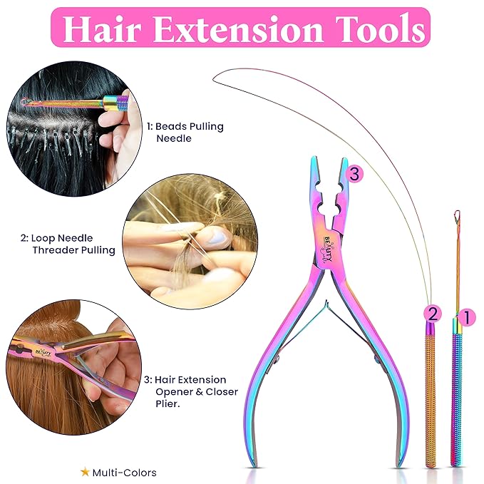 Beauty & Crafts Micro Links Hair Extensions Kit- Stainless Steel Beads Closer and Remover plier, Hair Extensions Loop Needle Pulling Hook, Bead Tool for Hair or Feather Extensions with Leather Pouch