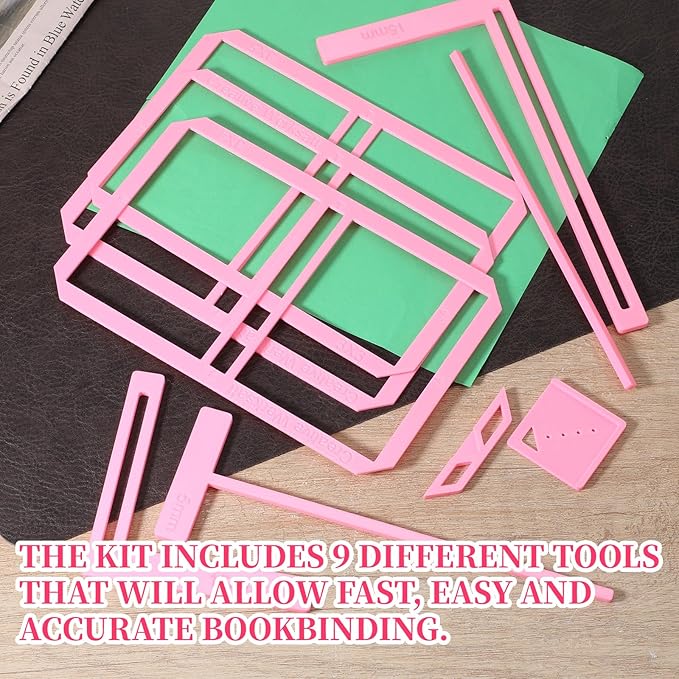 9Pcs Book Binding Easy Scrapbooking Tools, Bookbinder Stencils and Cutter Guide Kit, L T I Ruler + Corner Miter + Eyelet Guiding Bookbinding Tools for Notebook Calender Junk Journal Handbook(Blue)