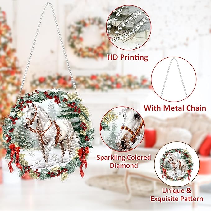 SENQAO Horse Diamond Art Hanging Kits for Adults Kids, Christmas Diamond Art Suncatchers, 5D Special Shape Diamond Painting Pendant Window Ornament Gifts for Home Garden Door Wall Decor