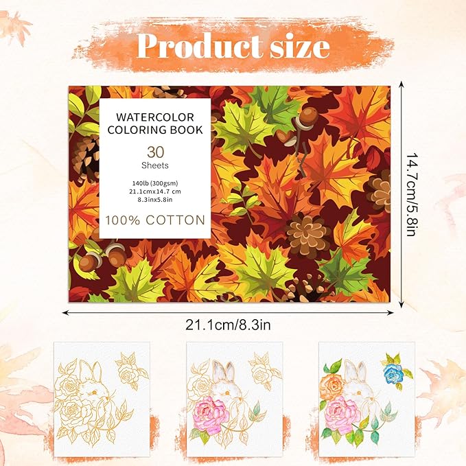 30 Sheets Watercolor Coloring Book, A5 (8.3 x 5.8) Watercolor Workbook, 140 lb/300 GSM Flower Water Color Book for Adults, Creative Art Craft Gift for Beginners