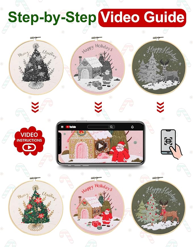 Santune Embroidery Kit - 3pcs Christmas Embroidery Patterns for Beginners with Instructions Cross Stitch Kits for Adults with 1 Embroidery Hoops, Color Threads and Needles, Good Hobbies for Women