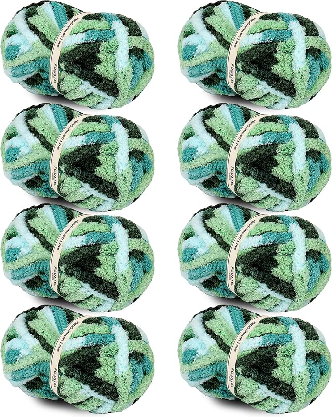 8 Jumbo Packs Chunky Chenille Yarn for Crocheting, 31.7 yds, 8 oz Each Skein Bulky Thick Fluffy Yarn for Knitting, Super Bulky Chunky Yarn for Hand Knitting Blanket, Soft Plush - Muti Green
