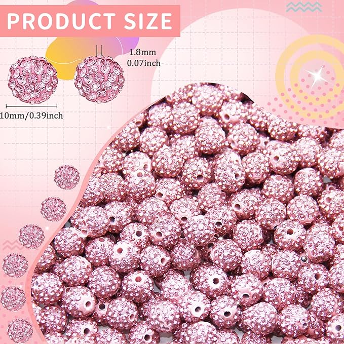 100 Pcs 10mm Rhinestone Beads for Jewelry Making, Pink Shiny Round Shamballa Disco Baseball Necklace Beads Sparkle Crystal Clay Pave Rhinestones Bead for DIY Bracelet Earring Craft Making Supplies
