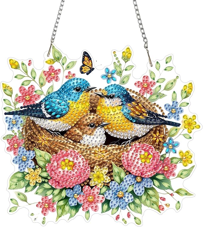 CEOVR Bird Nest Hanging Diamond Art for Adults, Spring Birds Diamond Painting Pendant DIY Gem Art Wall Hanging Ornament, Acrylic Home Garden Decor with Chain, Box Kit 7.87×7.08inch