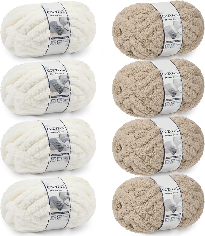 Chunky Yarn for Hand Knitting - #10 Chunky Chenille Yarn, Jumbo Big Thick Chunky Yarns for Crocheting, Super Bulky Chunky Knit Blanket Yarns, 8 Skein (25yd, 8oz/Skein), Cream & Khaki