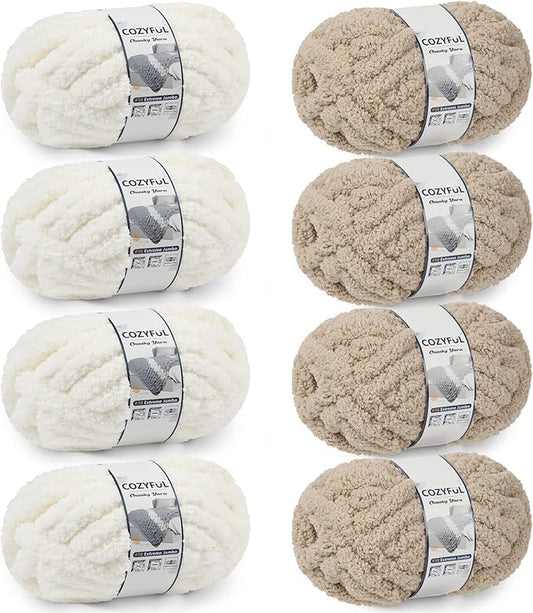 Chunky Yarn for Hand Knitting - #10 Chunky Chenille Yarn, Jumbo Big Thick Chunky Yarns for Crocheting, Super Bulky Chunky Knit Blanket Yarns, 8 Skein (25yd, 8oz/Skein), Cream & Khaki