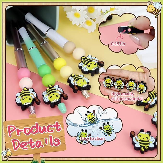 12pcs bee Silicone Focal Beads for Keychain Making for Pens Shape Silicone Beads for Bracelet Necklace Crafts （bee）