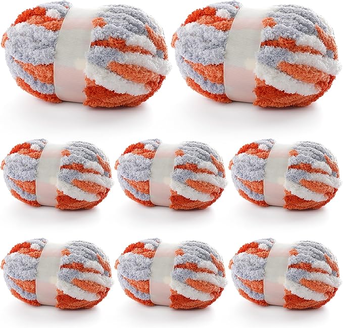 8 Pcs Chunky Yarn for Hand Knitting - Chunky Chenille Yarn for Crocheting - Fluffy Yarn for Crochet - Jumbo Yarn for Hand Knitting 200 yds 61.6 oz of Super Bulky Yarn (Orange-Light Grey-White)