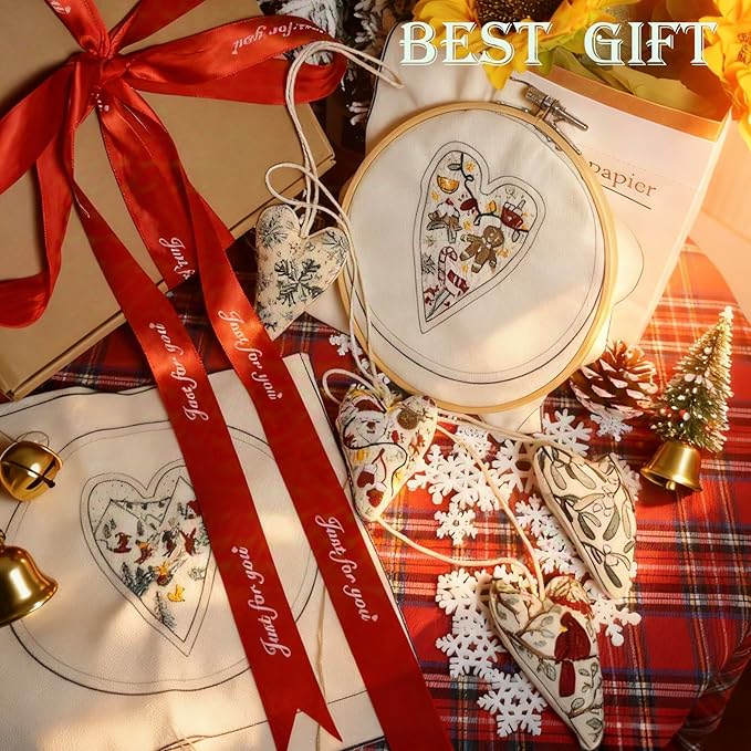 GDGJWL DIY Heart Shaped Hand Embroidered Christmas Ornament Kit Complete Craft Set with Pre-Printed Fabric Embroidery Thread Holiday Cross Stitch Decor for Beginners Adults and Home Decor (DIY)