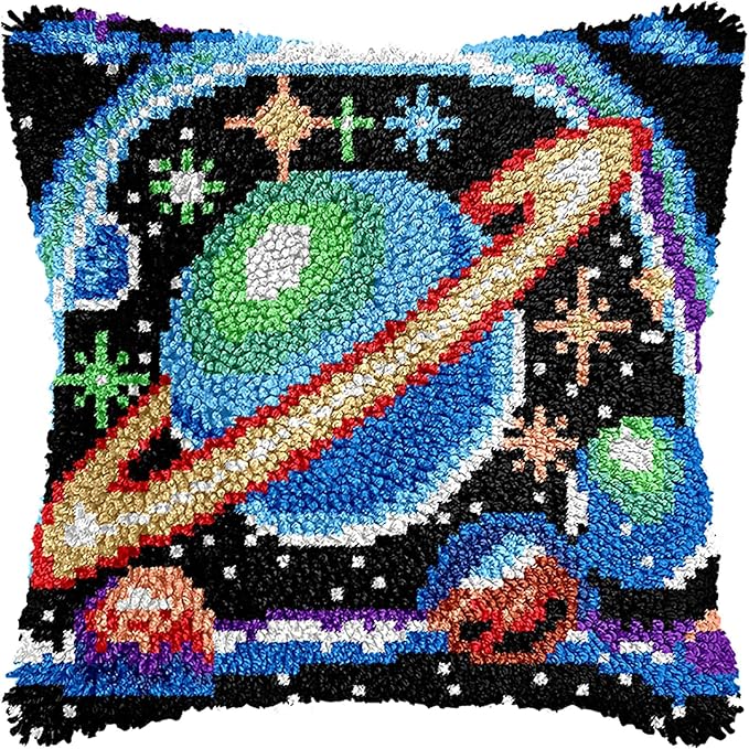 MIAOLLUN Cosmic Planet Latch Hook Kits Pillow Making Sofa Cushion Cover, Pillowcase Craft Kits Color Pattern Printed for Adults Kids Beginner 17X17 Inch