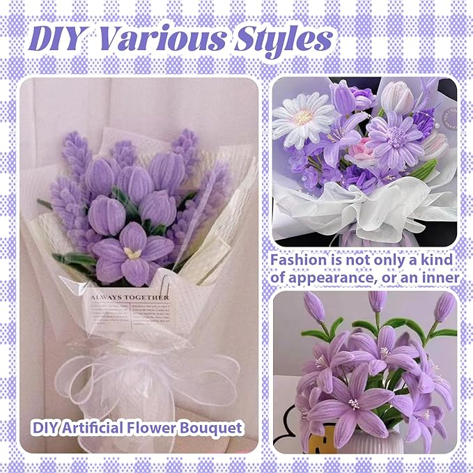 300 Pcs Purple and Green Thick Pipe Cleaners Craft Supplies for Floral Bonquet DIY Flower Making Kit for Starter with Floral Wires, Gardening Tape,Stamen Gift Wrapping Party Decor