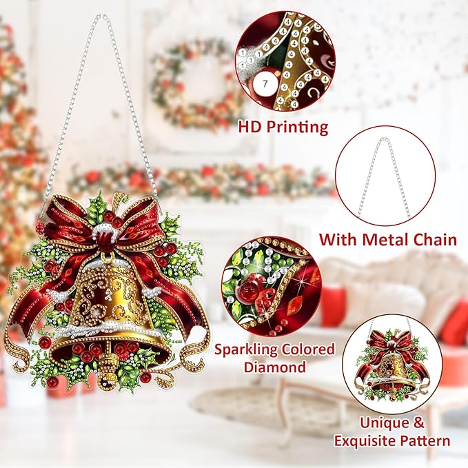 SENQAO Christmas Bell Diamond Art Hanging Kits for Adults Kids, Christmas Diamond Art Suncatchers, 5D Special Shape Diamond Painting Pendant Window Ornament Gifts for Home Garden Door Wall Decor