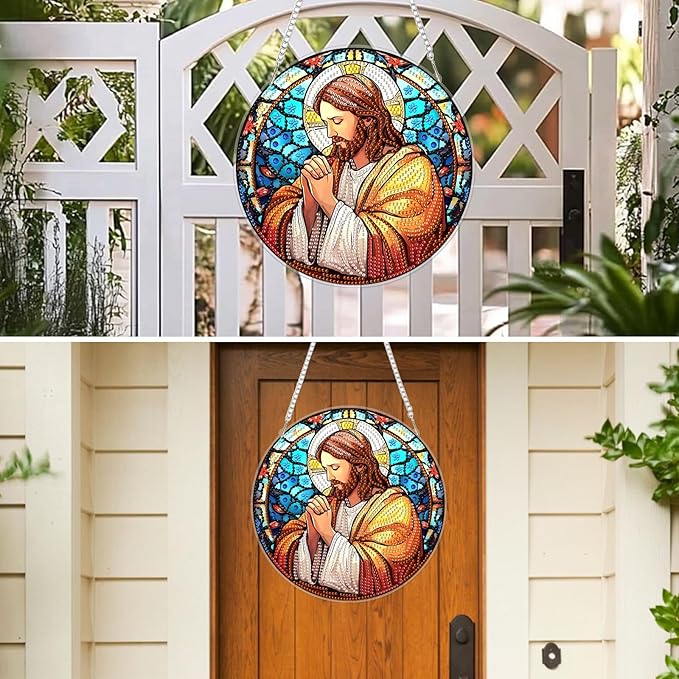 MXJSUA Diamond Art Hanging Kits for Adults Beginners, Stained Glass Jesus DIY Acrylic Special Shaped Crystal Diamond Gem Art Pendant Drills Painting Ornament for Home Wall Decor and Gift