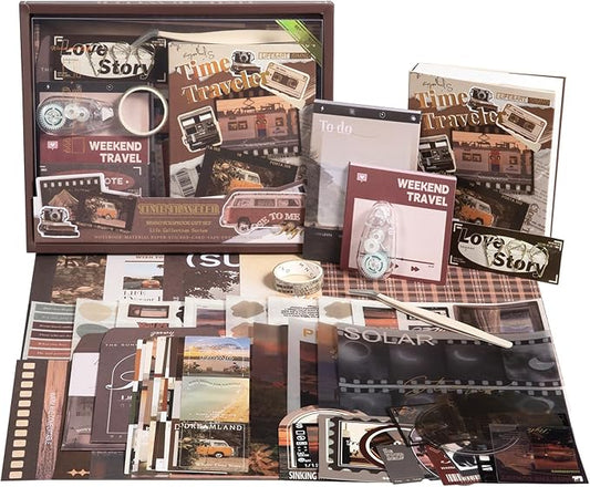 Travel Scrapbook Photo Album Supplies Kit with Tweezers and Glue Tape, Aesthetic Vintage Junk Journal Scrapbooking Paper, Sticker Pack, Notebook Craft Supplies, DIY Gift for Adult Men Women (Traveler)