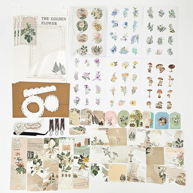 Esweny 251PCS Vintage Scrapbook Supplies Pack, Scrapbooking Paper and Stickers Ephemera Bundle Junk Journal Kit for Art Aesthetic Journaling Collage Decoupage Craft (Mountain and Fields)