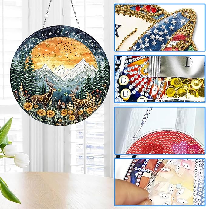 Reofrey Hanging Diamond Art Kits for Adults - 8x8 Inch EEL Landscape Acrylic Board Double Sided Pattern Diamond Art Suncatcher Pendant, DIY Crystal Art for Home Wall or Window Decoration Handmade Gift
