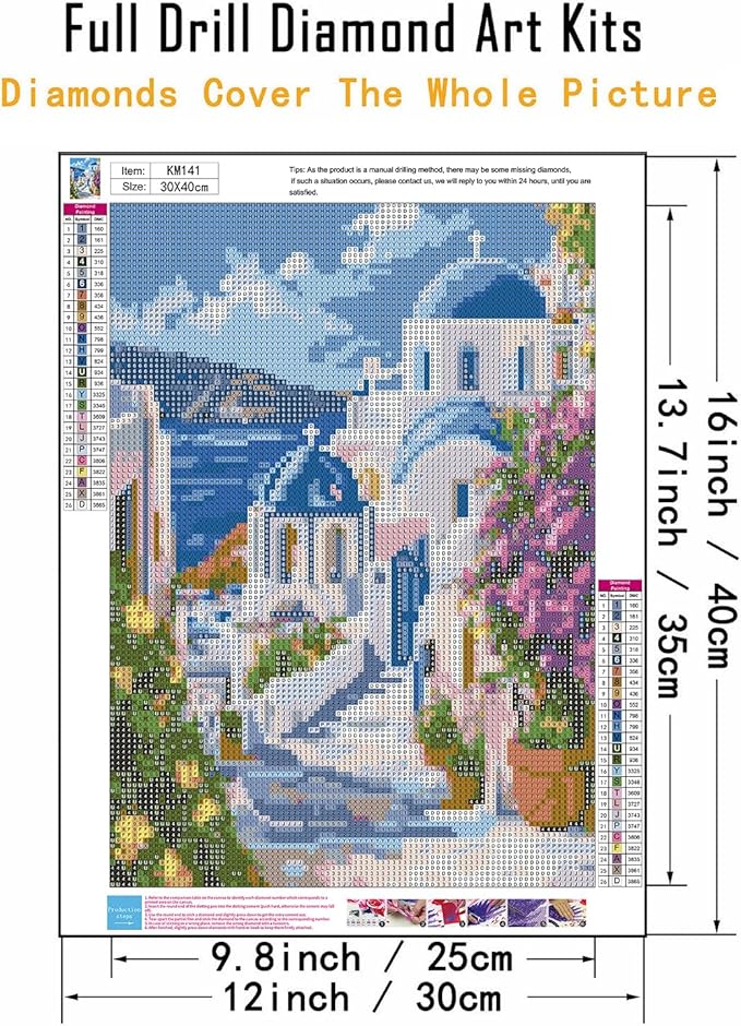 CHWGLFGG 5D Diamond Art Kits for Adults Beginners, Santorini Greece Landscape Diamond Painting Kits, DIY Full Round Drill Paint by Diamonds Dot Gem Art for Adults, Home Wall Decor 12x16 Inch
