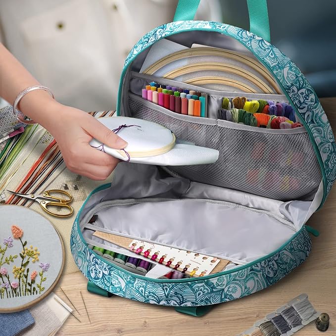 FINPAC Embroidery Project Bag, Embroidery Supplies Storage Carrying Tote Case with Multiple Pockets for Floss, Hoops, Thread, Stitch Tools Kit [Bag Only], Emerald Illusions