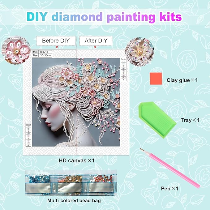 AiYuanzsh Special Shape Diamond Painting Kits for Adults, 5D Crystal Rhinestone Diamond Art Canvas, DIY Paint by Diamonds Craft Kit, Sparkling Woman Profile Diamond Painting for Home Wall Decor Gift