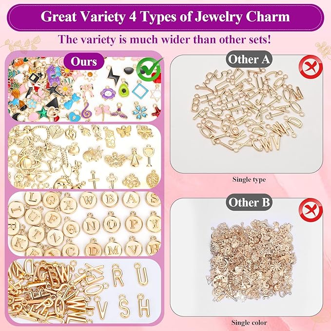 Modacraft 3 Types 172 Pcs Charms for Jewelry Making with Jump Rings, Bulk Enamel KC Letter Charm for DIY Necklace Bracelet Earring Craft Supplies