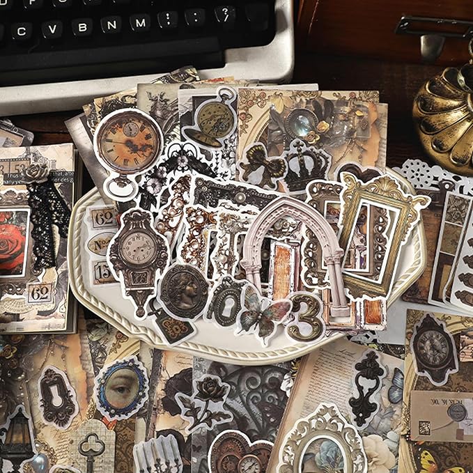 200PCS Vintage Scrapbook Paper Journaling Scrapbooking Supplies Kit Retro Decorative Craft Paper Assorted for Bullet Junk Journals Card Making Craft DIY, Time Code