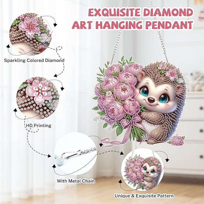 Bowetile Hedgehog Diamond Art Hanging Kits for Adults, Diamond Art Suncatchers Flowers, 5D Special Shape Diamond Painting Pendant Window Ornament Valentine's Day Gifts for Home Wall Decor