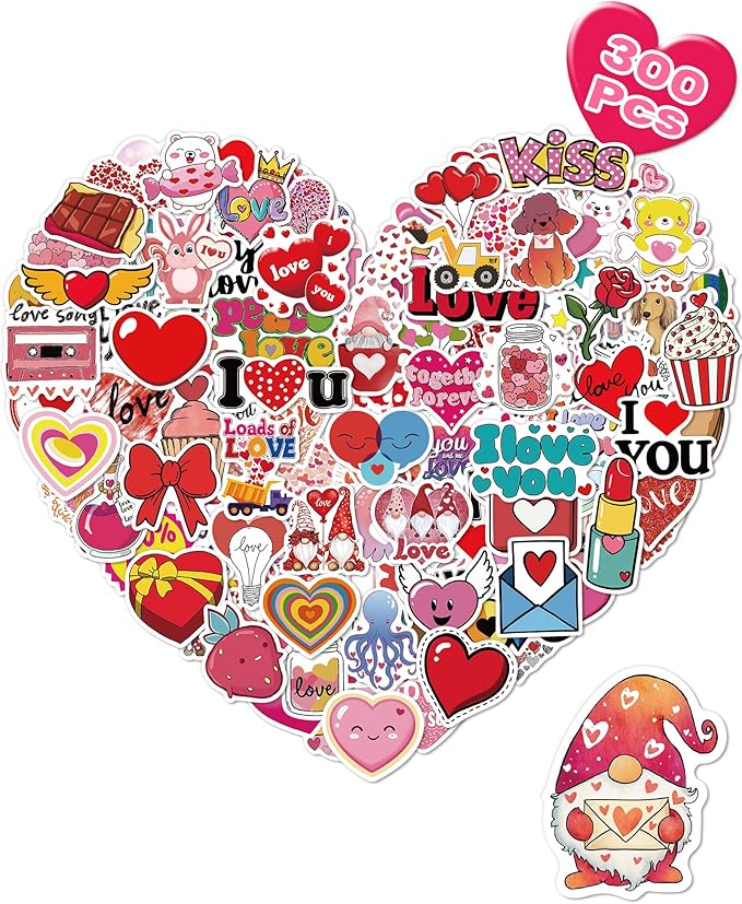 300 pcs valentines day stickers, bulk valentines day gifts, heart stickers crafts for kids classroom school, party favors decorations for kids teens girls
