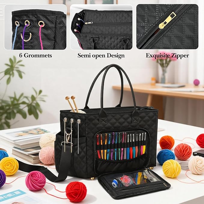 VERONLY Crochet Bag Yarn Storage, Large Knitting Tote with Padded Crochet Hook Organizer, Tote with Multiple Compartments for Crochet Lovers, Knitting Accessories, Unique Valentines Gifts for Her