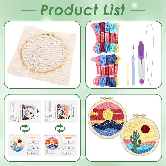 ERKOON Punch Needle Kit Adults Beginners, 2 Pcs DIY Easy Landscape Embroidery Set for Starter Art Craft, Needling Punching Project with Patterns, Tools, Yarns, Hoop, Instruction (Desert & Afterglow)