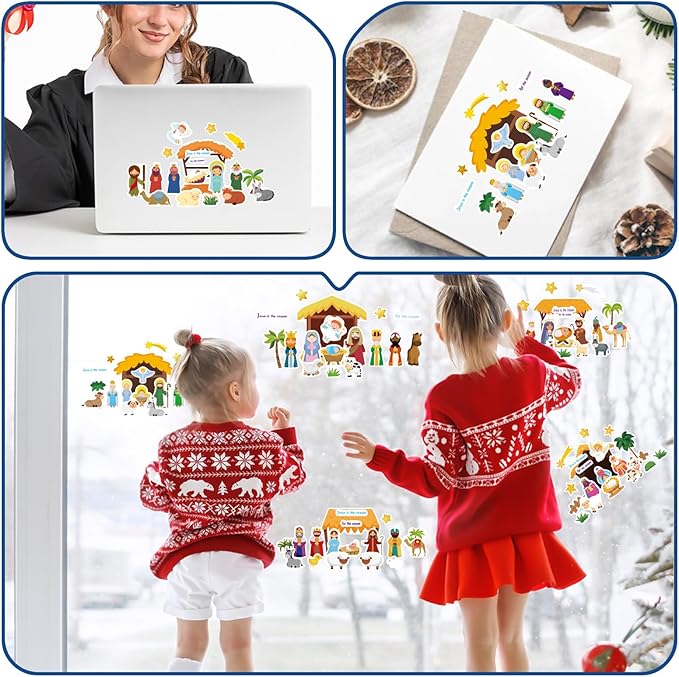 32 sheets christmas nativity stickers, make a nativity scene sticker jesus birth stickers, christmas crafts for kids, religious bible scene party favor christian craft school classroom activity