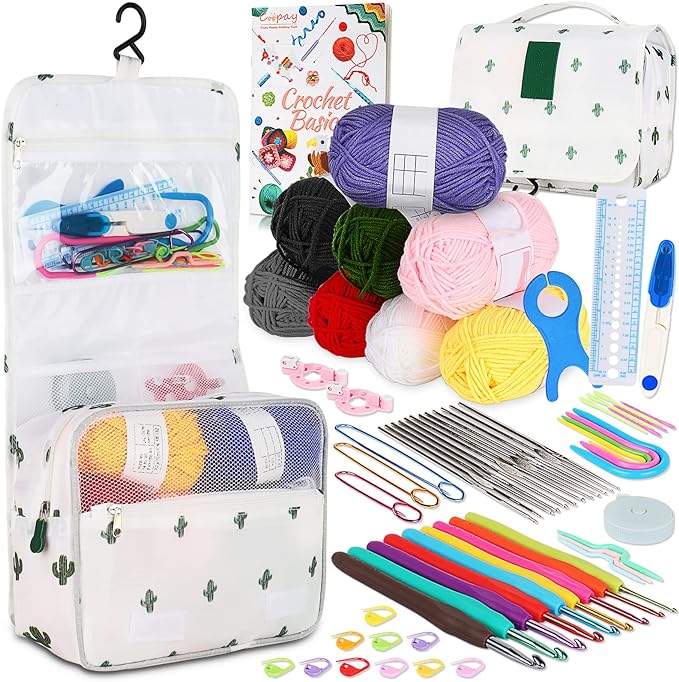coopay upgraded crochet kit for beginners, crochet set with hanging case & 8 yarn for crocheting, 63pcs crocheting hook set w book, knitting hooks ergonomic soft grip & knitting crocheting supplies