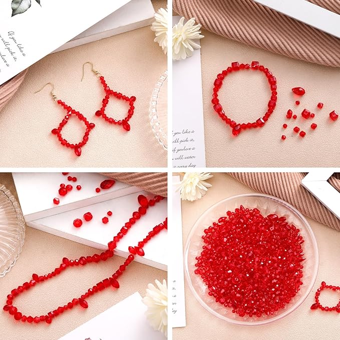 Kigeli 1280 Pcs Glass Beads Bulk Assorted Crystal Beads for Jewelry Making Faceted Teardrop Rondelle Briolette for DIY Crafts Necklace Wristband Earring Kit(Classic,Red)