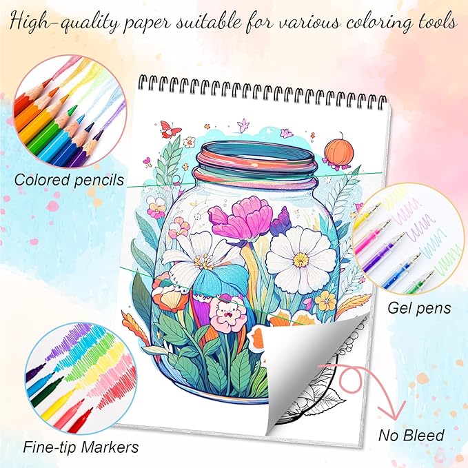 Coloring Book for Adults Relaxation, Spiral Bound Adult Coloring Book for Women Page One Sided Design Gifts Arts and Crafts for Women to Relax, Anxiety and Depression 30 Colorful Coloring Pages