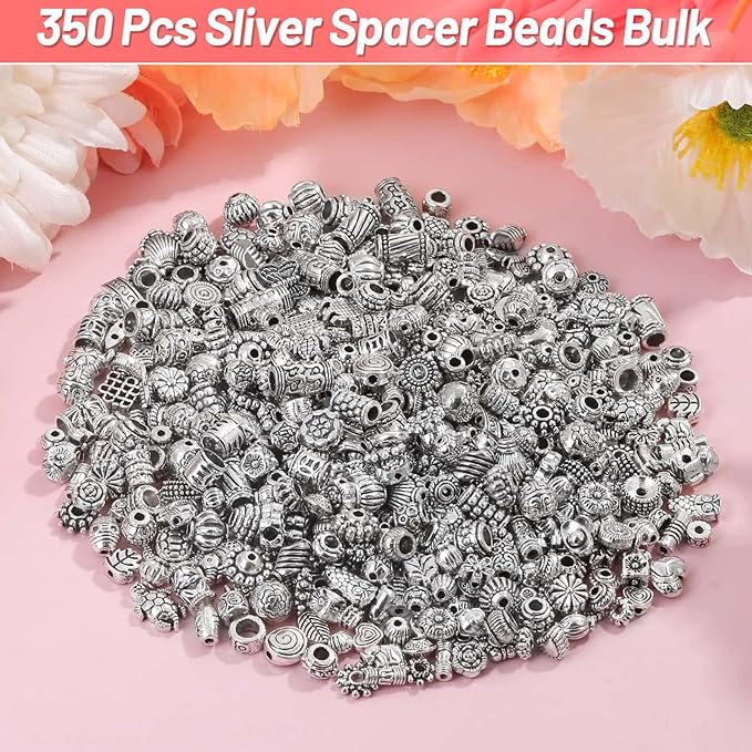 500 Pcs Bracelet Spacer Beads, Silver Bulk Random Styles Loose Spacer Metal Charm for Necklace, Earring Making DIY Jewelry Accessories