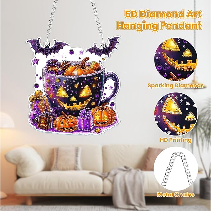 MOGTAA Halloween Diamond Art Hanging Pendant Kits, Pumpkin Diamond Art Kits for Adults, 5D Special Shape Diamond Painting Animal Gem Art for Home Garden Wall Decor