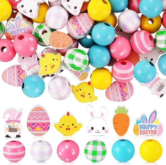 Chitidr 180 Pcs Easter Wooden Beads with Clear Box Bunny Egg Colorful Wood Beads Rabbits Chick Farmhouse Beads for Easter DIY Garland Crafts Party Decoration