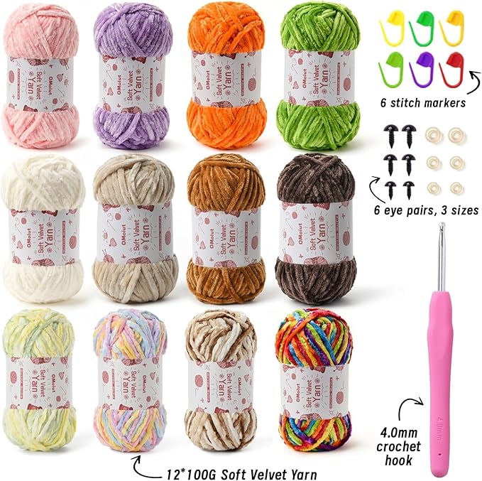 12 Pack Chenille Chunky Yarn - Baby Yarn for Crocheting Soft - Red Purple Green Pink Gray Blue Black White Velvet Yarns Crochet Blanket - Amigurumi Yarns Pack with Crochet Accessories G