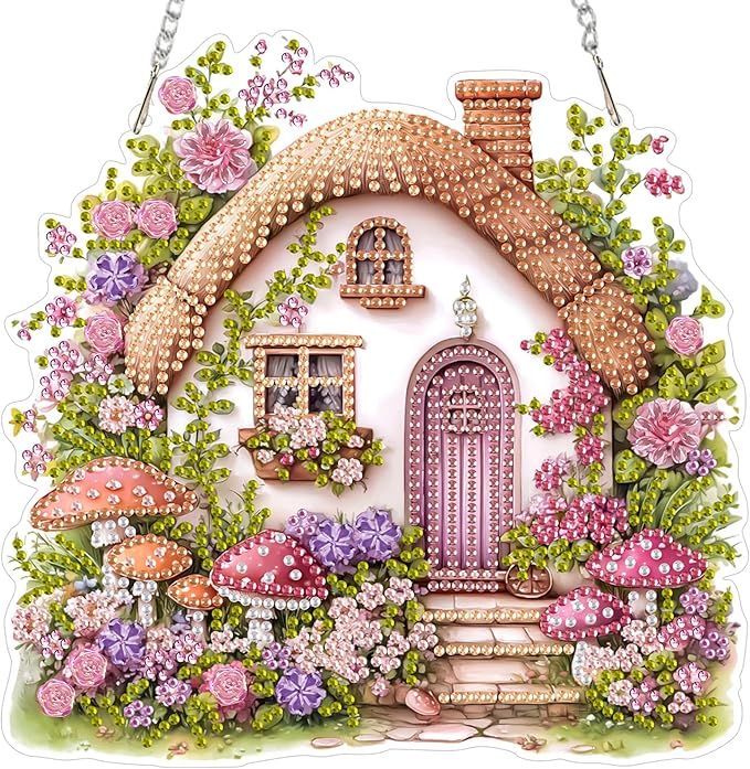 Lxmsja DIY Fairy Cottage Diamond Painting Hanging Ornament, Double-Sided Acrylic Flowers Mushrooms Diamond Art Kit, Special Shaped Suncatcher Hanging Pendant Window Art Kit