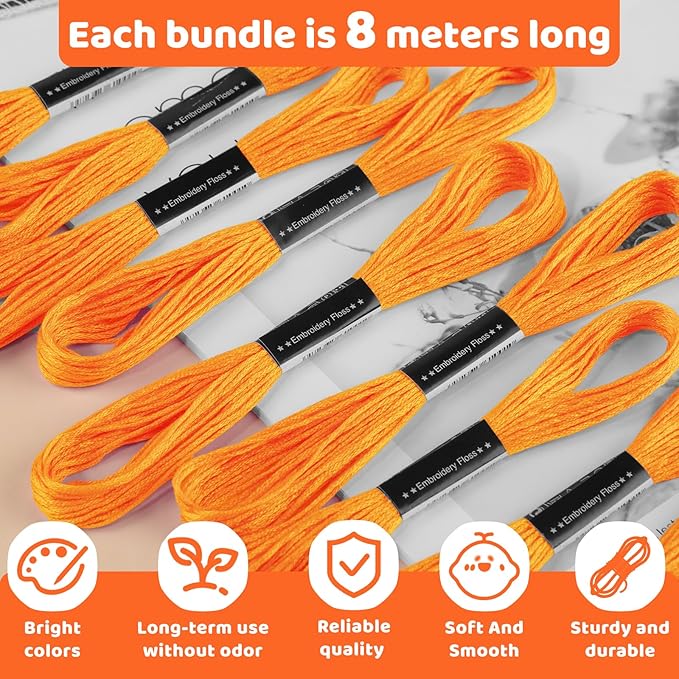 14 Skeins Embroidery Floss, 8m Orange Embroidery Thread, Cross Stitch for DIY Making, Embroidery Crafts
