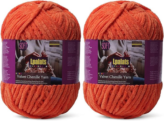 Baby Blanket Yarn for Crocheting - 2 Pack of 200g/7oz Chunky Chenille Yarn for Knitting Blankets Amigurumi - #6 Super Bulky - 348 Yards Soft Thick Plush Yarns (2, Orange)