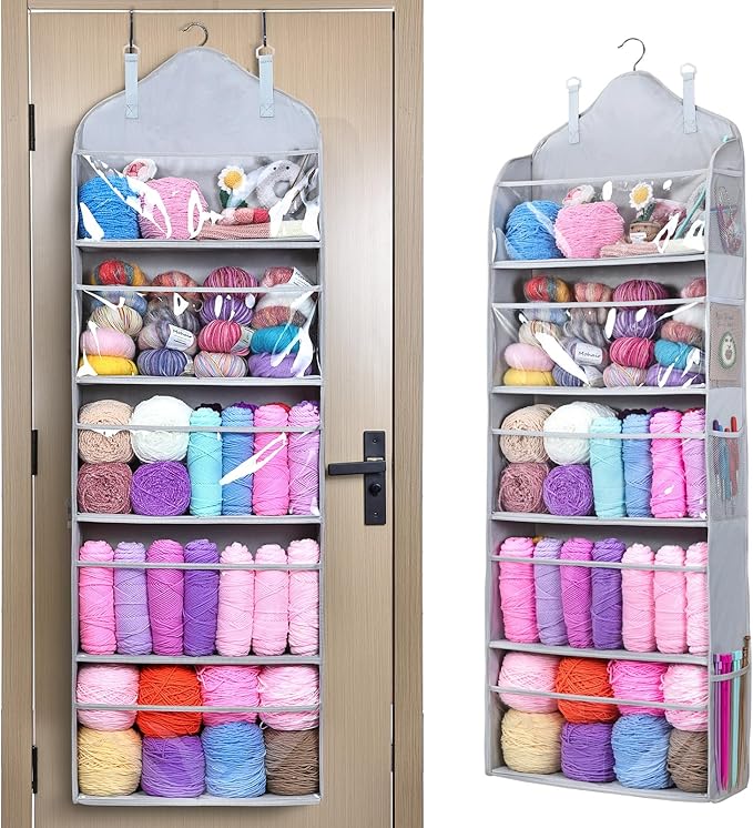 MYBAGZING Hanging Yarn Storage Organizer with Zipper Pockets, 5 Tiers Over the Door & Closet Yarn Holder, Large Crochet & Knitting Organizer with Side Pockets for Hooks, Needles & Accessories