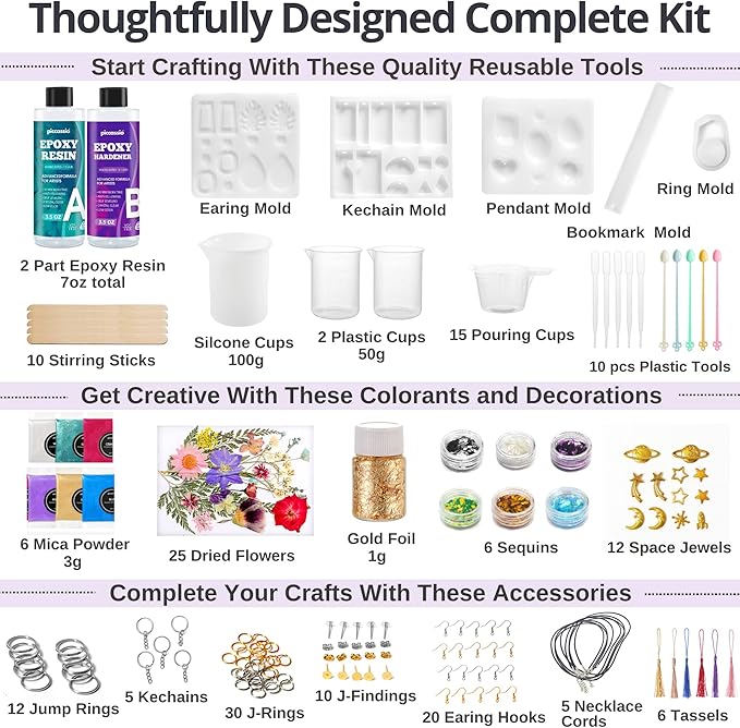 piccassio epoxy resin kit for beginners – 208-piece jewelry making & craft kit with molds, dried flowers, glitter & tools – complete starter set for keychains, bookmarks, pendants & diy resin art