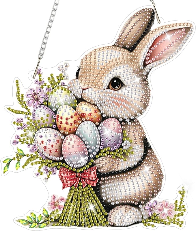 NAIMOER Easter Bunny Diamond Art Hanging Kits for Adults, 5D Special Shaped Rhinestone, DIY Acrylic Spring Diamond Art Painting Window Pendants Home Garden Wall Hanging Ornament Kits, Double Sided