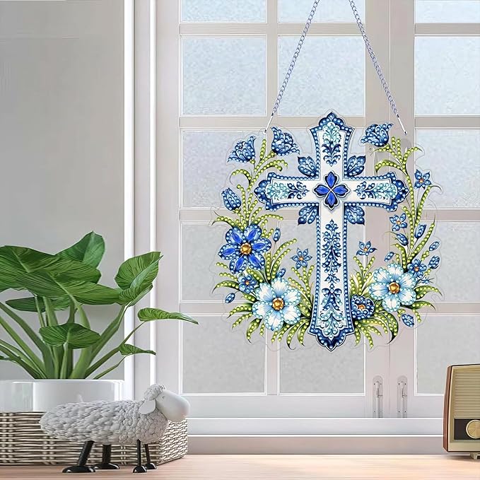 ARPADAMO Hanging Diamonds Art kit for Adult,DIY Cross Flowers Pendant Diamonds Painting Art Kit, 7.0x6.8 inch Acrylic Diamonds Painting Board Kit Ornament, Special Crystal Diamond Hanging Ornament