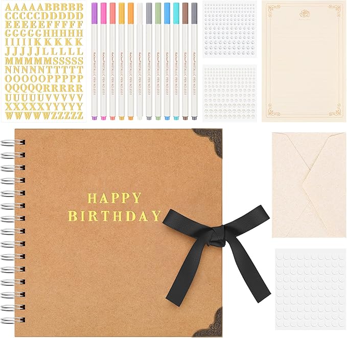 8 x 8 Inch Birthday Guestbook Scrapbook DIY Happy Birthday Photo Album Guest Book Sign with Pens, Envelope, Letter Paper, Pearl Stickers, Metallic Letters