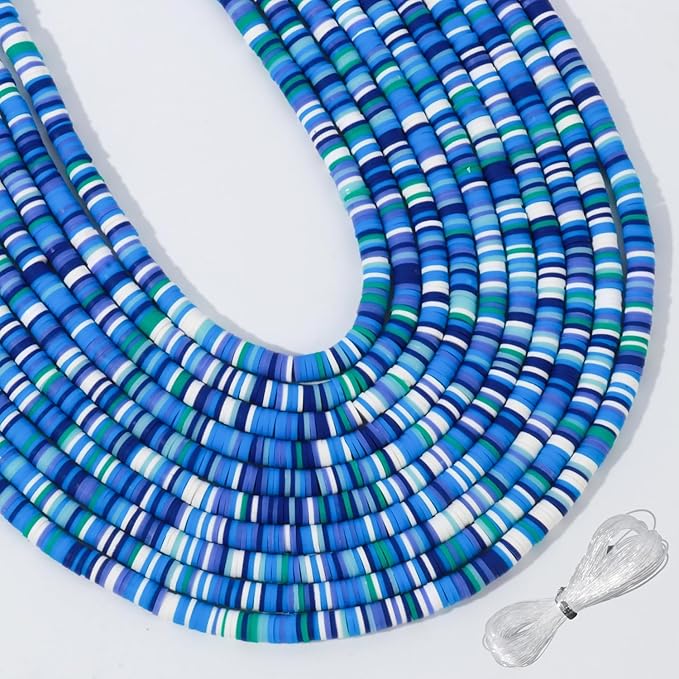 3600pcs Mixed Blue Clay Beads for Bracelets Making, 10 Strands Flat Round Polymer Clay Disc 6mm Spacer Heishi Beads for Jewelry Making Earring Necklace (Mixed Blue, 6mm)