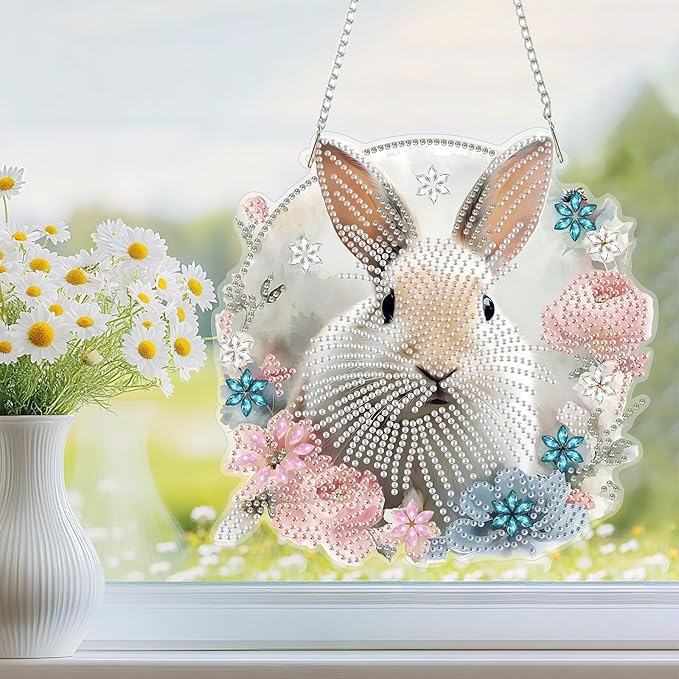 NEWENMO Hanging Diamond Art Kit for Adult, Cute Rabbit, 5D Special Shaped Rhinestone Diamond Painting Ornament, Bunny Easter, DIY Acrylic Diamond Art Painting Window Pendants Home Garden Wall Decor