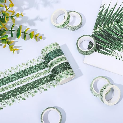 Whaline 12 Rolls Greenery Washi Tapes Watercolor Plants Eucalyptus Masking Tape 15mm Green Leaves Decorative Tape Stickers for Scrapbook Journal Planner DIY Craft Gift Wrapping, 16.4ft