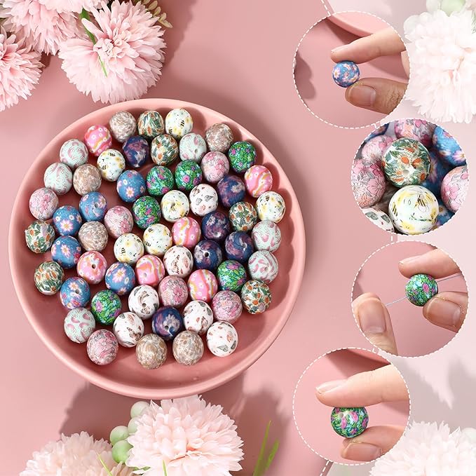 Ferreve 60 Pcs 15mm Silicone Beads Bulk Spring Ditsy Floral Print Round Focal Beads Rubber DIY Silicone Loose Bead for Bracelet Making Kit for Keychain Pens Necklace Bracelets Jewelry Making