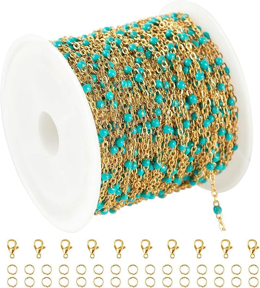 KYUNHOO 16.4 Feet Gold Plated Chain for Jewelry Making Turquoise Beaded Rosary Spool Stainless Steel Chains for Necklace Ankle Earring DIY Jewelry Findings